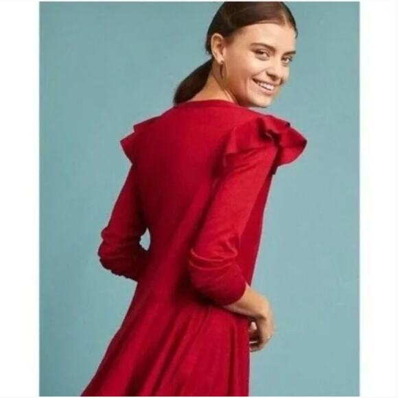 Anthropologie Moth Red Wool Ruffle V-Neck Sweater - Picture 2 of 9